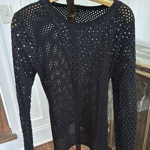 BCBG Black Long Sleeve Perforated Top